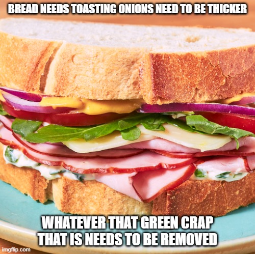 big ham sandwich | BREAD NEEDS TOASTING ONIONS NEED TO BE THICKER; WHATEVER THAT GREEN CRAP THAT IS NEEDS TO BE REMOVED | image tagged in big ham sandwich | made w/ Imgflip meme maker