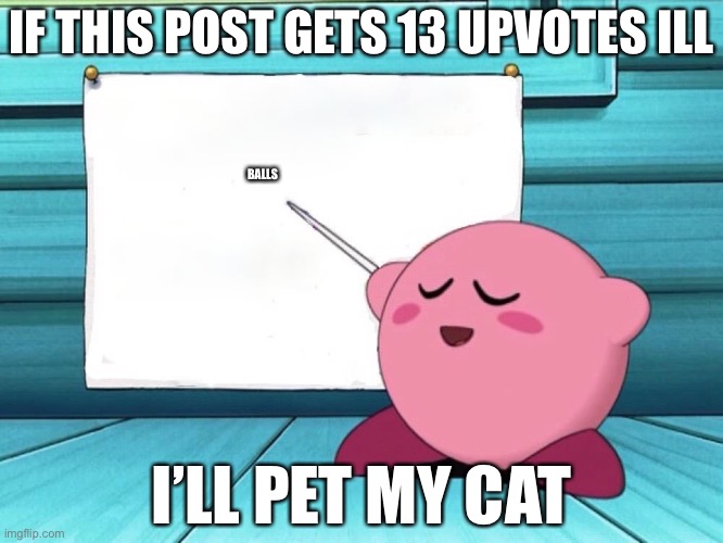 kirby sign | IF THIS POST GETS 13 UPVOTES ILL; BALLS; I’LL PET MY CAT | image tagged in kirby sign | made w/ Imgflip meme maker