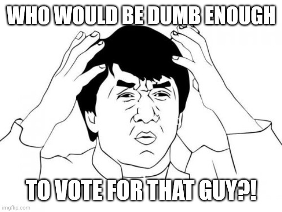 Jackie Chan WTF Meme | WHO WOULD BE DUMB ENOUGH TO VOTE FOR THAT GUY?! | image tagged in memes,jackie chan wtf | made w/ Imgflip meme maker
