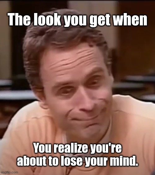 ted bundy | The look you get when; You realize you're about to lose your mind. | image tagged in ted bundy,ted bundy memes,ted bundy about to lose mind,the look you get,bundy funnies | made w/ Imgflip meme maker
