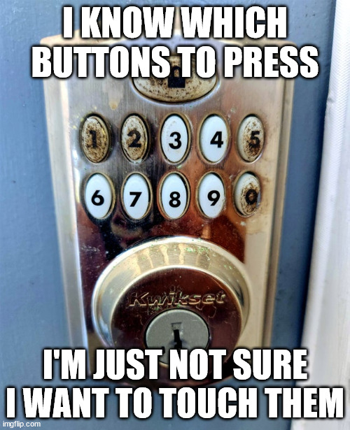 Security by impurity | I KNOW WHICH BUTTONS TO PRESS; I'M JUST NOT SURE I WANT TO TOUCH THEM | image tagged in dirty,lock | made w/ Imgflip meme maker