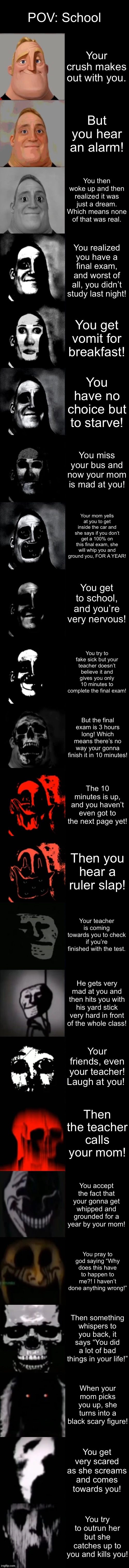 Mr. Incredible Becoming Uncanny Extended HD | POV: School; Your crush makes out with you. But you hear an alarm! You then woke up and then realized it was just a dream. Which means none of that was real. You realized you have a final exam, and worst of all, you didn’t study last night! You get vomit for breakfast! You have no choice but to starve! You miss your bus and now your mom is mad at you! Your mom yells at you to get inside the car and she says if you don’t get a 100% on this final exam, she will whip you and ground you, FOR A YEAR! You get to school, and you’re very nervous! You try to fake sick but your teacher doesn’t believe it and gives you only 10 minutes to complete the final exam! But the final exam is 3 hours long! Which means there’s no way your gonna finish it in 10 minutes! The 10 minutes is up, and you haven’t even got to the next page yet! Then you hear a ruler slap! Your teacher is coming towards you to check if you’re finished with the test. He gets very mad at you and then hits you with his yard stick very hard in front of the whole class! Your friends, even your teacher! Laugh at you! Then the teacher calls your mom! You accept the fact that your gonna get whipped and grounded for a year by your mom! You pray to god saying “Why does this have to happen to me?! I haven’t done anything wrong!”; Then something whispers to you back, it says “You did a lot of bad things in your life!”; When your mom picks you up, she turns into a black scary figure! You get very scared as she screams and comes towards you! You try to outrun her but she catches up to you and kills you! | image tagged in mr incredible becoming uncanny extended hd | made w/ Imgflip meme maker