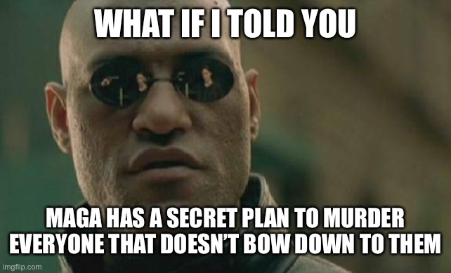 Matrix Morpheus Meme | WHAT IF I TOLD YOU; MAGA HAS A SECRET PLAN TO MURDER EVERYONE THAT DOESN’T BOW DOWN TO THEM | image tagged in memes,matrix morpheus | made w/ Imgflip meme maker