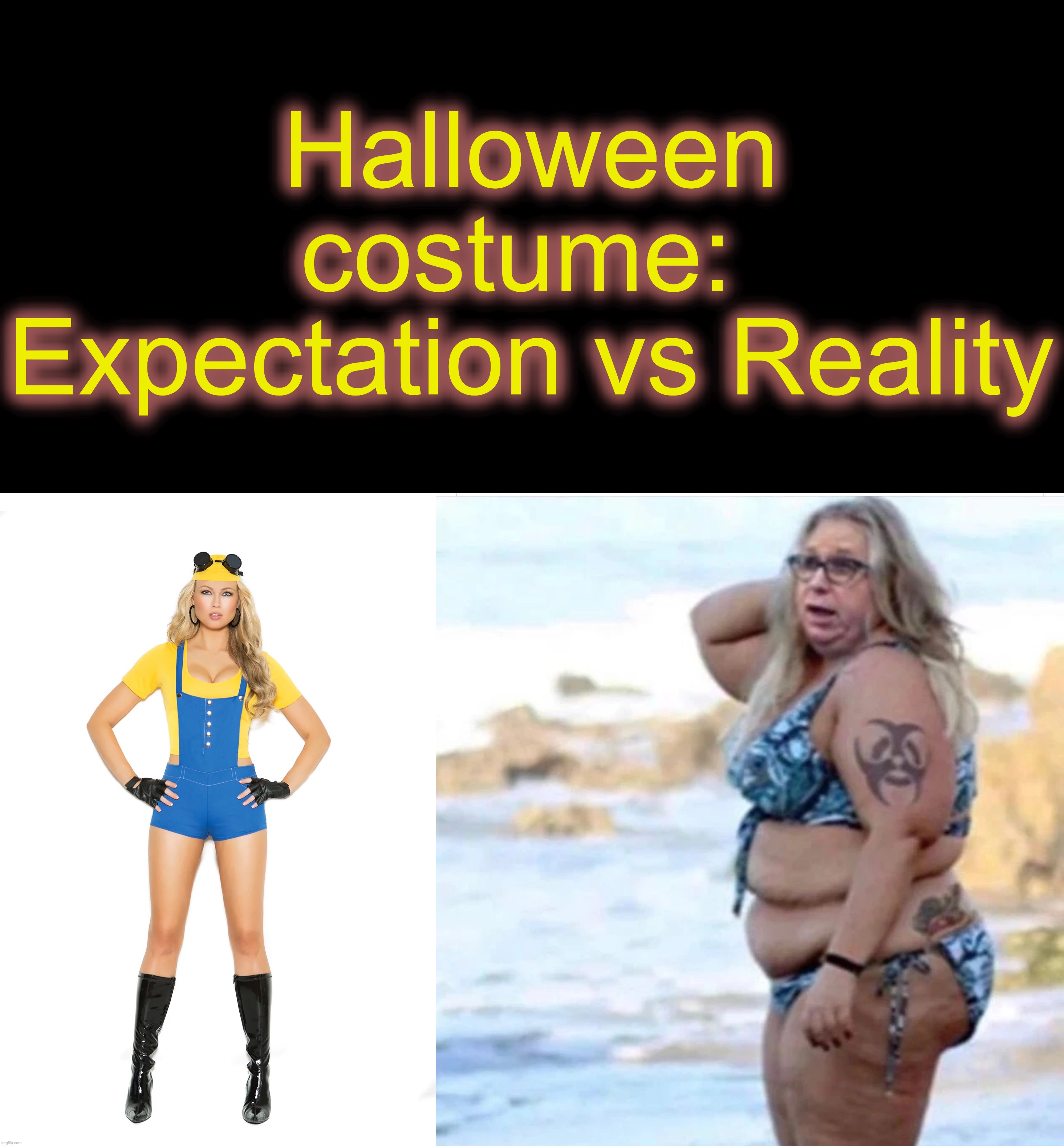 Halloween costume: 
Expectation vs Reality | image tagged in black box,rachel levine bikini | made w/ Imgflip meme maker