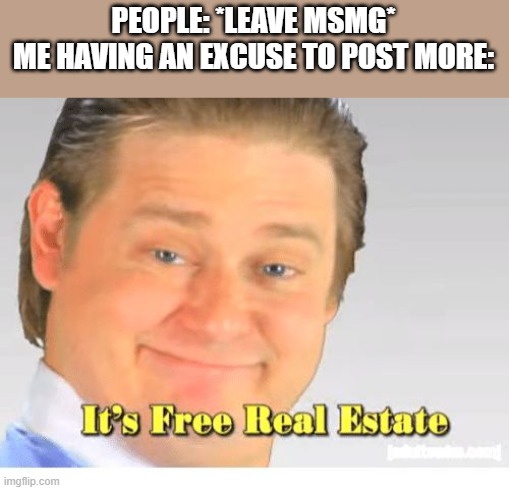 It's Free Real Estate | PEOPLE: *LEAVE MSMG*
ME HAVING AN EXCUSE TO POST MORE: | image tagged in it's free real estate | made w/ Imgflip meme maker