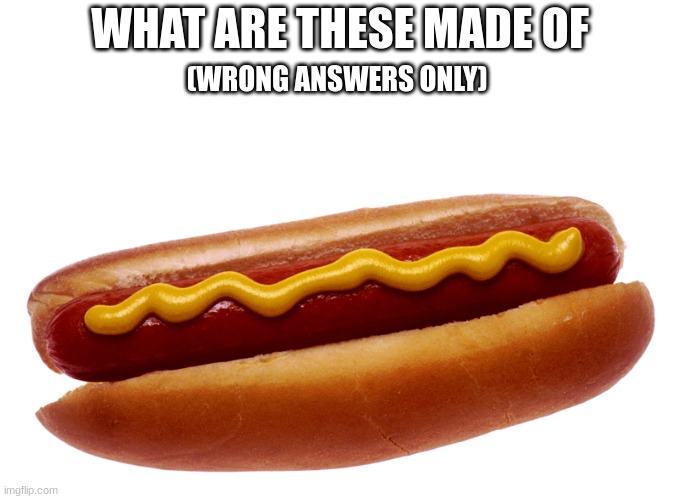 How where hot dogs made? | WHAT ARE THESE MADE OF; (WRONG ANSWERS ONLY) | image tagged in fun,funny,memes,food,hot dog,food memes | made w/ Imgflip meme maker