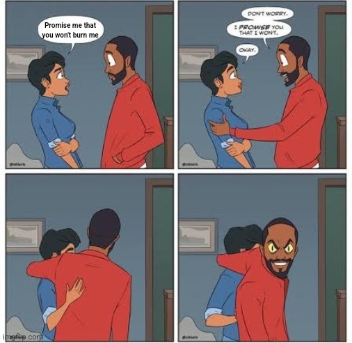(mod note:where funni zoom) | Promise me that you won't burn me | image tagged in promise me you won't blank | made w/ Imgflip meme maker