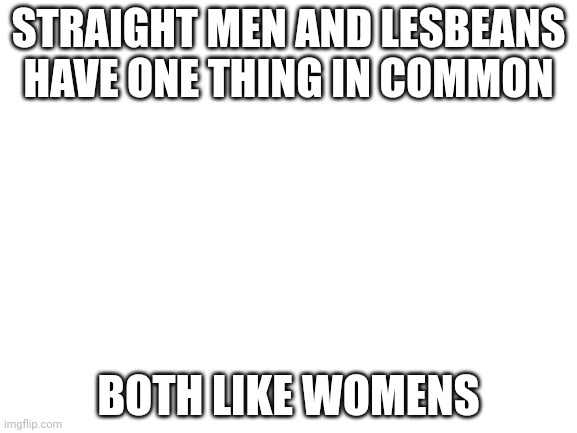 Blank White Template | STRAIGHT MEN AND LESBEANS HAVE ONE THING IN COMMON; BOTH LIKE WOMENS | image tagged in blank white template | made w/ Imgflip meme maker