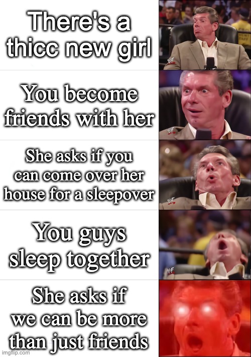 O H H H H H | There's a thicc new girl; You become friends with her; She asks if you can come over her house for a sleepover; You guys sleep together; She asks if we can be more than just friends | image tagged in vince mcmahon 5 tier | made w/ Imgflip meme maker