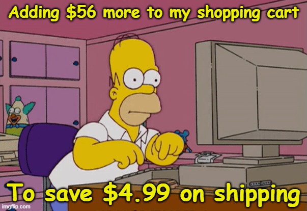 Savings | Adding $56 more to my shopping cart; To save $4.99 on shipping | image tagged in funny memes | made w/ Imgflip meme maker