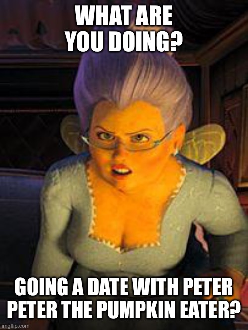 Fairy Godmother | WHAT ARE YOU DOING? GOING A DATE WITH PETER PETER THE PUMPKIN EATER? | image tagged in fairy godmother | made w/ Imgflip meme maker
