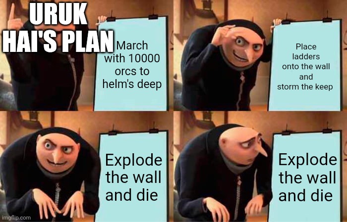 Lord of the rings - the two towers - the uruk-hai's plan, at helm's deep | URUK HAI'S PLAN; March with 10000 orcs to helm's deep; Place ladders onto the wall and storm the keep; Explode the wall and die; Explode the wall and die | image tagged in gru's plan | made w/ Imgflip meme maker