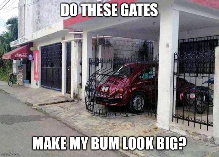 Big |  DO THESE GATES; MAKE MY BUM LOOK BIG? | image tagged in bum,open the gate,big,car,car park | made w/ Imgflip meme maker