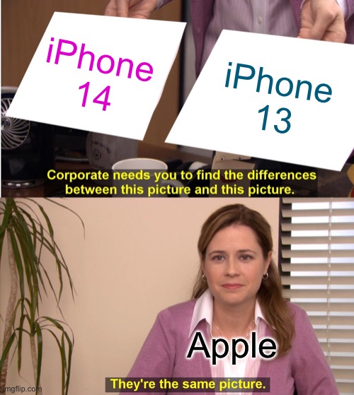 Apple fatcs | iPhone 14; iPhone 13; Apple | image tagged in memes,they're the same picture | made w/ Imgflip meme maker