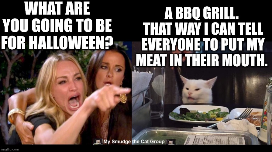 WHAT ARE YOU GOING TO BE FOR HALLOWEEN? A BBQ GRILL.  THAT WAY I CAN TELL EVERYONE TO PUT MY MEAT IN THEIR MOUTH. | image tagged in smudge the cat,woman yelling at cat | made w/ Imgflip meme maker