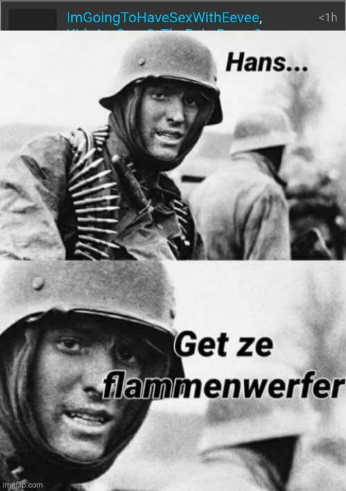 image tagged in hans get ze flammenwerfer | made w/ Imgflip meme maker