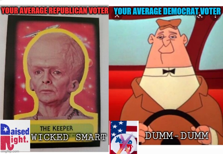 Choose wisely | YOUR AVERAGE DEMOCRAT VOTER; YOUR AVERAGE REPUBLICAN VOTER; WICKED SMART; DUMM-DUMM | image tagged in vote,republican party,always,libtard,criminals,you're fired | made w/ Imgflip meme maker