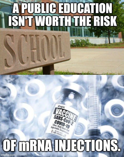 We are about to witness a mass exodus from public schools. | A PUBLIC EDUCATION ISN'T WORTH THE RISK; OF mRNA INJECTIONS. | image tagged in memes | made w/ Imgflip meme maker