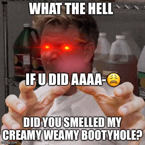 AYO Booty hole got smelled! | WHAT THE HELL; IF U DID AAAA-😩; DID YOU SMELLED MY CREAMY WEAMY BOOTYHOLE? | image tagged in sus | made w/ Imgflip meme maker