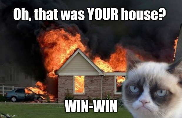 It's just a little hobby of hers. | Oh, that was YOUR house? WIN-WIN | image tagged in memes,burn kitty,grumpy cat,fire | made w/ Imgflip meme maker