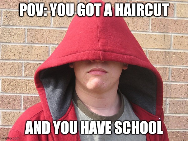 .-. | POV: YOU GOT A HAIRCUT; AND YOU HAVE SCHOOL | image tagged in hoodie white guy,school memes | made w/ Imgflip meme maker