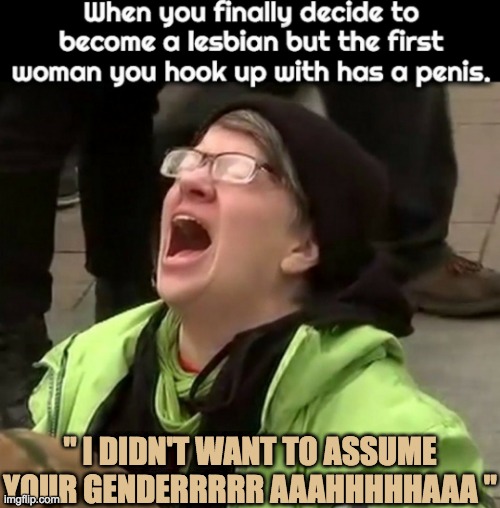 Libtards fail at everything they do | " I DIDN'T WANT TO ASSUME YOUR GENDERRRRR AAAHHHHHAAA " | image tagged in lesbian libtard,duped by a trans | made w/ Imgflip meme maker