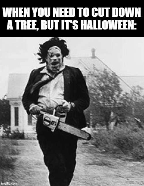 If Leatherface was a lumberjack. |  WHEN YOU NEED TO CUT DOWN A TREE, BUT IT'S HALLOWEEN: | image tagged in halloween,spooktober,memes,leatherface | made w/ Imgflip meme maker