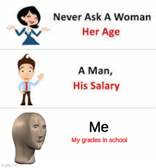 Bad grade | Me; My grades in school | image tagged in never ask a woman her age | made w/ Imgflip meme maker