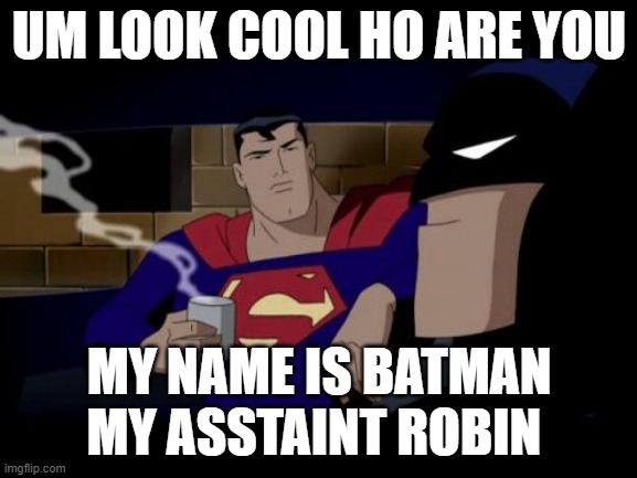 Batman And Superman Meme | UM LOOK COOL HO ARE YOU; MY NAME IS BATMAN MY ASSTAINT ROBIN | image tagged in memes,batman and superman | made w/ Imgflip meme maker