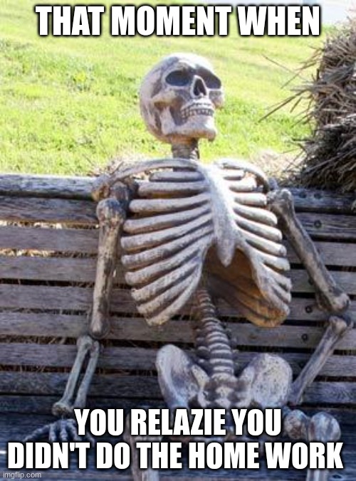 Waiting Skeleton Meme | THAT MOMENT WHEN; YOU RELAZIE YOU DIDN'T DO THE HOME WORK | image tagged in memes,waiting skeleton | made w/ Imgflip meme maker