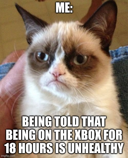 Grumpy Cat Meme | ME:; BEING TOLD THAT BEING ON THE XBOX FOR 18 HOURS IS UNHEALTHY | image tagged in memes,grumpy cat | made w/ Imgflip meme maker