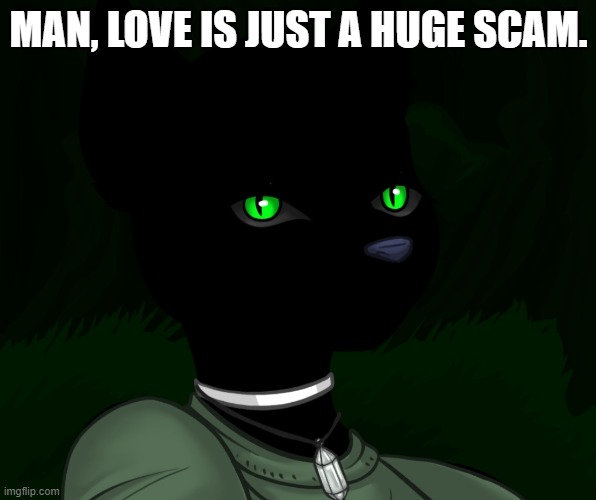 My new panther fursona | MAN, LOVE IS JUST A HUGE SCAM. | image tagged in my new panther fursona | made w/ Imgflip meme maker