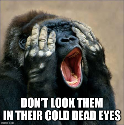 Gorilla covering eyes | DON'T LOOK THEM IN THEIR COLD DEAD EYES | image tagged in gorilla covering eyes | made w/ Imgflip meme maker