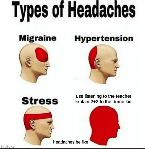 Types of Headaches meme | use listening to the teacher explain 2+2 to the dumb kid; headaches be like | image tagged in types of headaches meme | made w/ Imgflip meme maker