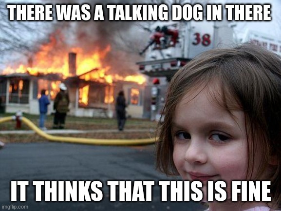 its fine origin | THERE WAS A TALKING DOG IN THERE; IT THINKS THAT THIS IS FINE | image tagged in memes,disaster girl,this is fine | made w/ Imgflip meme maker