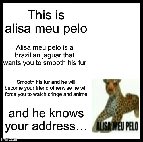 Meet alisa meu pelo from brazil! | This is alisa meu pelo; Alisa meu pelo is a brazillan jaguar that wants you to smooth his fur; Smooth his fur and he will become your friend otherwise he will force you to watch cringe and anime; and he knows your address… | image tagged in memes,funny,video games,anti furry | made w/ Imgflip meme maker