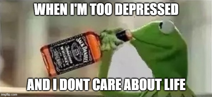 Kermit The Frog Drinking Vodka | WHEN I'M TOO DEPRESSED; AND I DONT CARE ABOUT LIFE | image tagged in kermit the frog drinking vodka | made w/ Imgflip meme maker