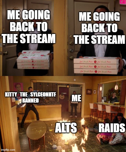 Coming back with pizza | ME GOING BACK TO THE STREAM; ME GOING BACK TO THE STREAM; KITTY_THE_SYLCEONHTF BANNED; ME; RAIDS; ALTS | image tagged in coming back with pizza | made w/ Imgflip meme maker