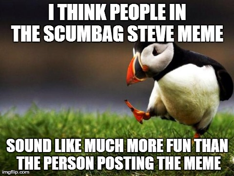 Unpopular Opinion Puffin | I THINK PEOPLE IN THE SCUMBAG STEVE MEME  SOUND LIKE MUCH MORE FUN THAN THE PERSON POSTING THE MEME | image tagged in memes,unpopular opinion puffin,AdviceAnimals | made w/ Imgflip meme maker