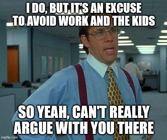 That Would Be Great Meme | I DO, BUT IT'S AN EXCUSE TO AVOID WORK AND THE KIDS; SO YEAH, CAN'T REALLY ARGUE WITH YOU THERE | image tagged in memes,that would be great | made w/ Imgflip meme maker