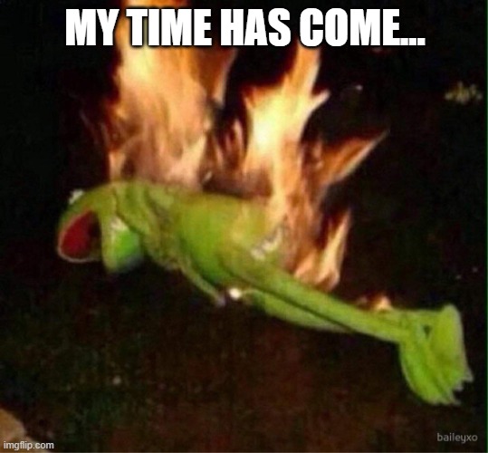 Kermit burning | MY TIME HAS COME... | image tagged in kermit burning | made w/ Imgflip meme maker