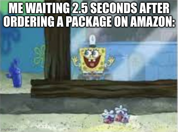 amazon meme spongebob | ME WAITING 2.5 SECONDS AFTER ORDERING A PACKAGE ON AMAZON: | image tagged in spongebob on the wall,fun,funny,memes | made w/ Imgflip meme maker