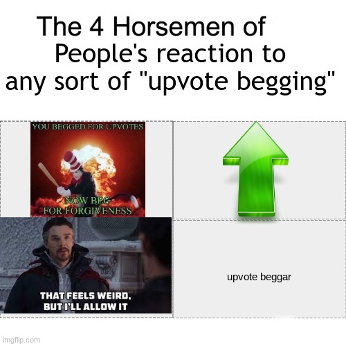 UPvOte iF yOu AgREe!!!!1!111!! | People's reaction to any sort of "upvote begging"; upvote beggar | image tagged in four horsemen | made w/ Imgflip meme maker