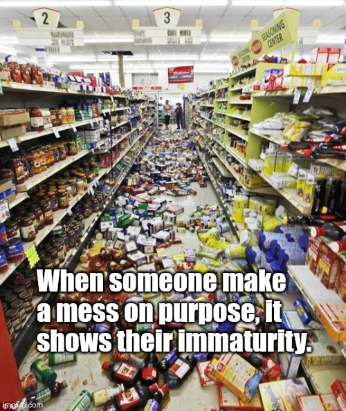 Be considerate. | When someone make a mess on purpose, it shows their immaturity. | image tagged in retail mess,customer service | made w/ Imgflip meme maker