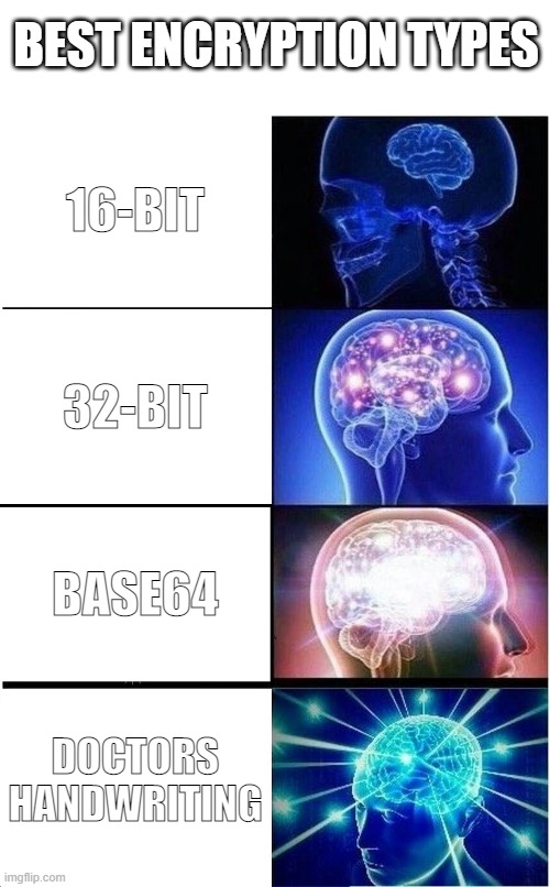 It took a supercomputer 90 years to decrypt | BEST ENCRYPTION TYPES; 16-BIT; 32-BIT; BASE64; DOCTORS HANDWRITING | image tagged in memes,expanding brain,doctors,handwriting,encryption,funny | made w/ Imgflip meme maker