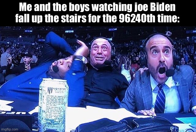 Excited announcers | Me and the boys watching joe Biden fall up the stairs for the 96240th time: | image tagged in excited announcers | made w/ Imgflip meme maker