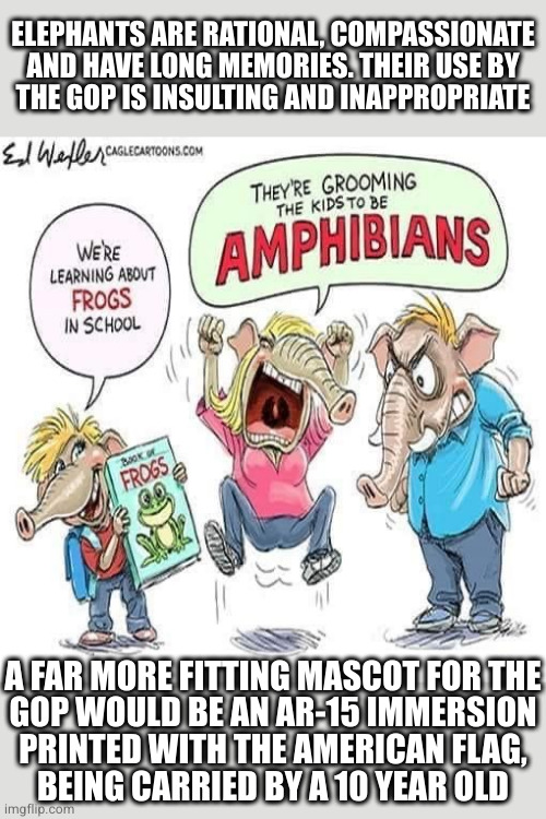 ...wearing an armband with Trump's face on it | ELEPHANTS ARE RATIONAL, COMPASSIONATE AND HAVE LONG MEMORIES. THEIR USE BY
THE GOP IS INSULTING AND INAPPROPRIATE; A FAR MORE FITTING MASCOT FOR THE
GOP WOULD BE AN AR-15 IMMERSION
PRINTED WITH THE AMERICAN FLAG,
BEING CARRIED BY A 10 YEAR OLD | image tagged in conservative groomer panic | made w/ Imgflip meme maker