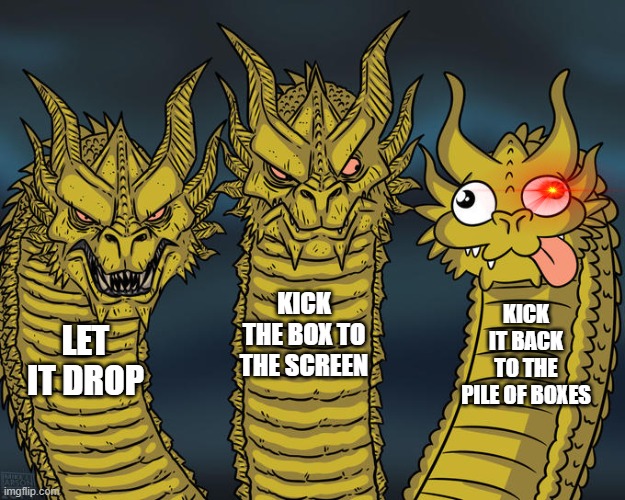 Three-headed Dragon | LET IT DROP KICK THE BOX TO THE SCREEN KICK IT BACK TO THE PILE OF BOXES | image tagged in three-headed dragon | made w/ Imgflip meme maker