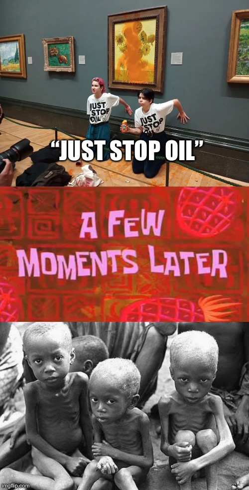Just Stop Oil | “JUST STOP OIL” | image tagged in just stop oil,a few moments later,starving africans | made w/ Imgflip meme maker