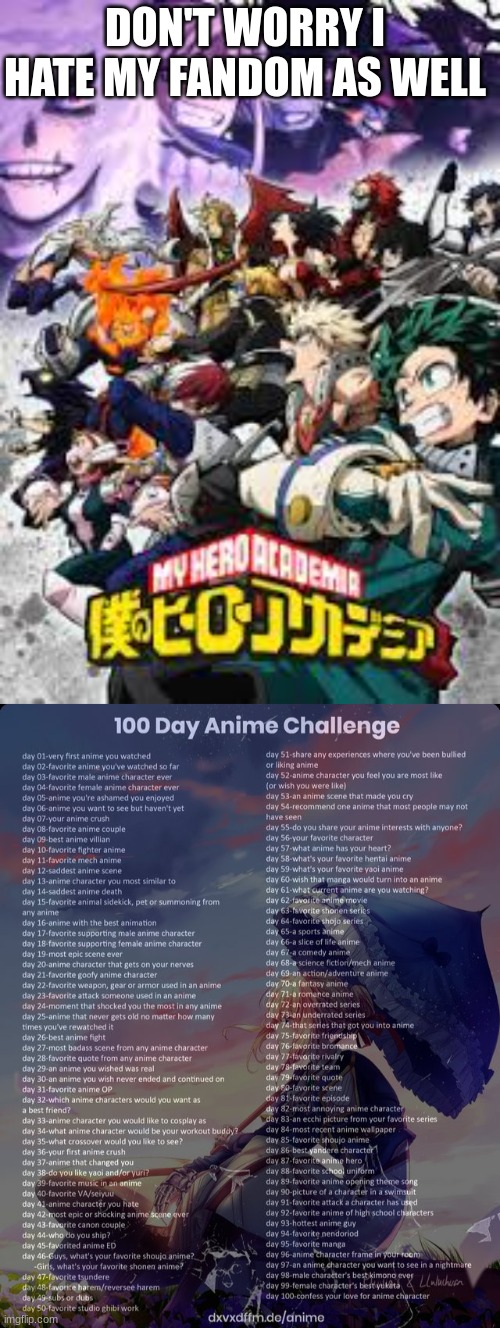day 2 | DON'T WORRY I HATE MY FANDOM AS WELL | image tagged in 100 day anime challenge | made w/ Imgflip meme maker